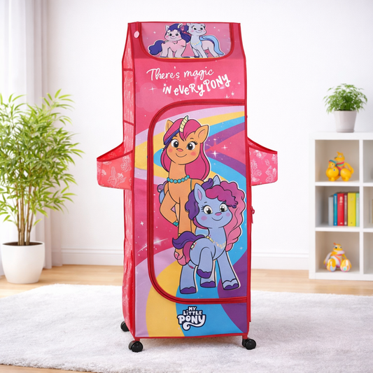 DISNEY Kids Portable Fabric Wardrobe – My Little Pony Theme (Sunny & Izzy), Multi-Shelf Storage with Wheels