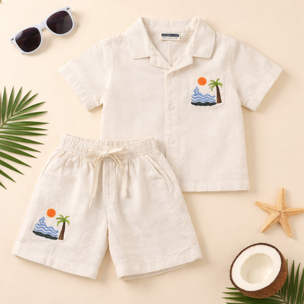 KIDZELLO Baby Boys Linen Co-Ord Set (Cream) – Summer Shirt & Shorts Outfit | 6 Months to 3 Years