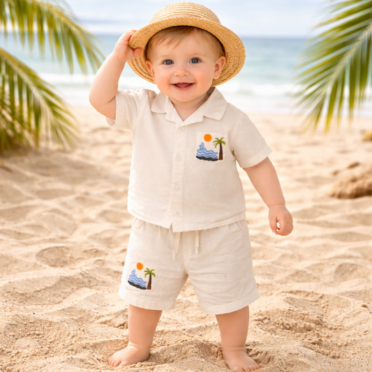 KIDZELLO Baby Boys Linen Co-Ord Set (Cream) – Summer Shirt & Shorts Outfit | 6 Months to 3 Years