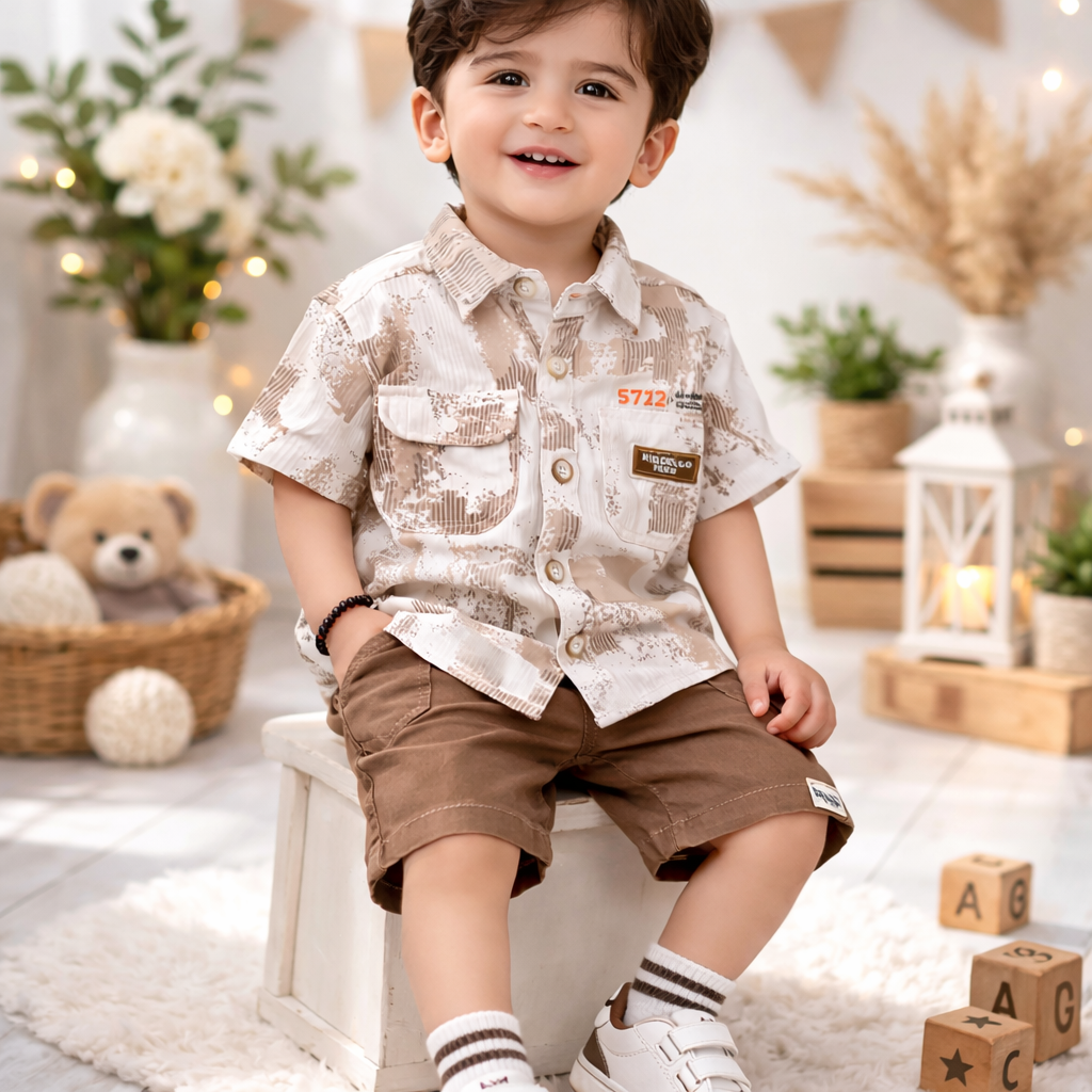 KIDZELLO Boys Premium Printed Shirt & Shorts Set – Soft Cotton Summer Outfit (6M–36M),available color options - Brown, Olive