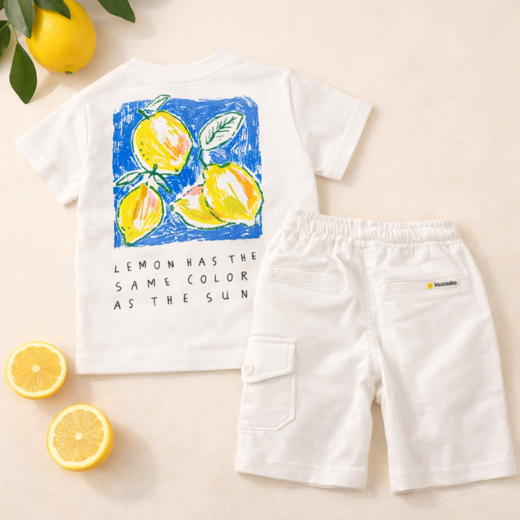 KIDZELLO Baby Boys White Lemon Print T-Shirt & Shorts Set (0–24 Months)