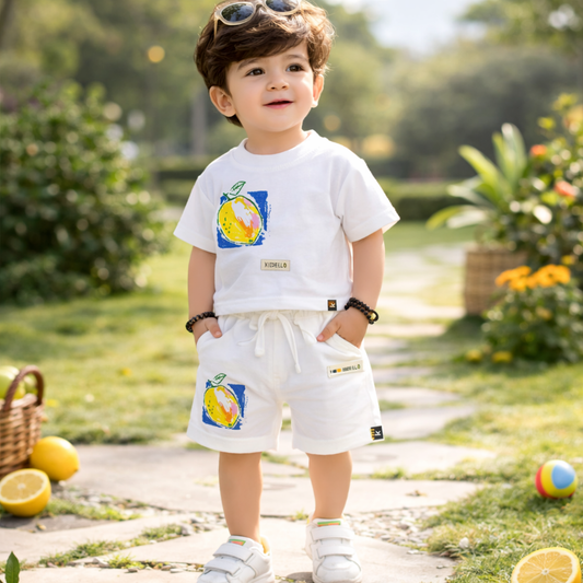 KIDZELLO Baby Boys White Lemon Print T-Shirt & Shorts Set (0–24 Months)