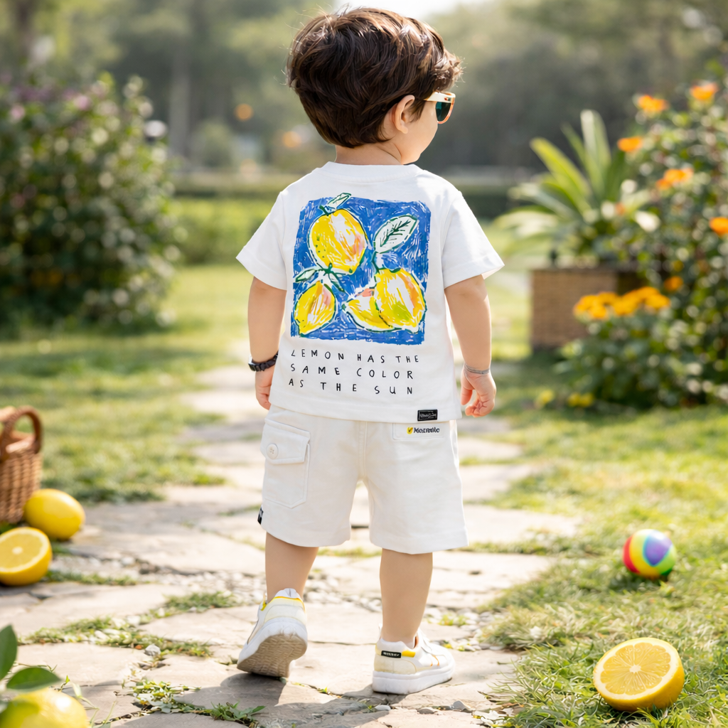 KIDZELLO Baby Boys White Lemon Print T-Shirt & Shorts Set (0–24 Months)