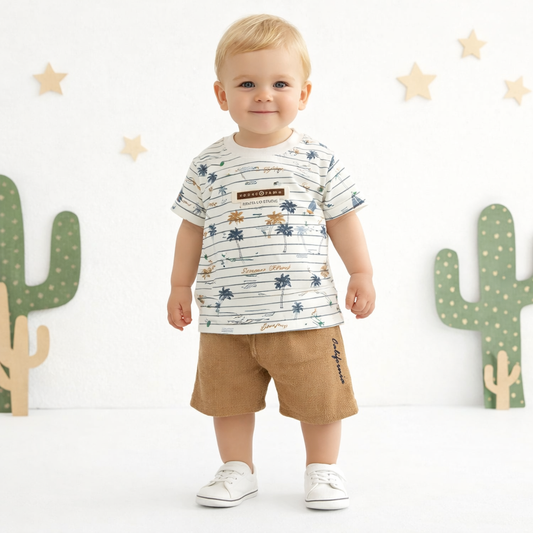 KIDZELLO Boys Summer Printed T-Shirt & Shorts Set (0–24 Months) – Beach Theme Cotton Outfit