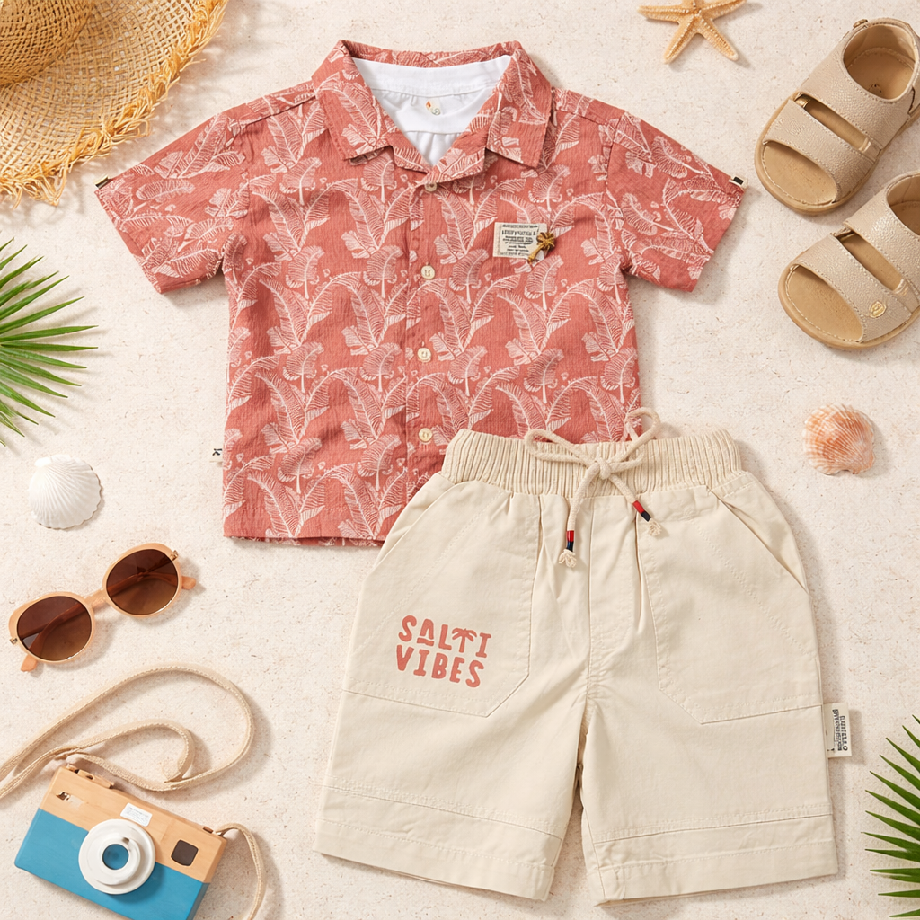 KIDZELLO Baby Boys Rust Summer Outfit Set – Printed Open Shirt, Graphic T-Shirt & Shorts Co-Ord Set | Soft Cotton Comfort Wear |6 Months to 3 Years