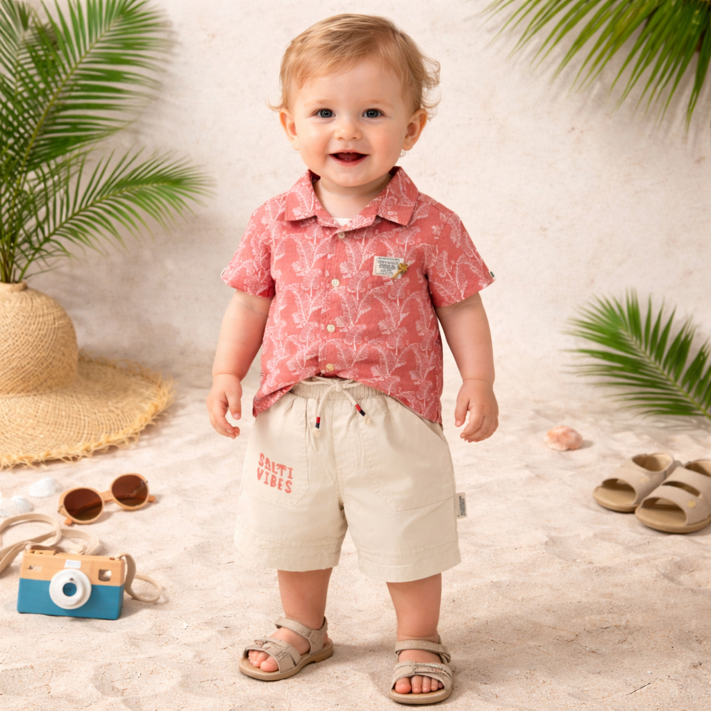 KIDZELLO Baby Boys Rust Summer Outfit Set – Printed Open Shirt, Graphic T-Shirt & Shorts Co-Ord Set | Soft Cotton Comfort Wear |6 Months to 3 Years