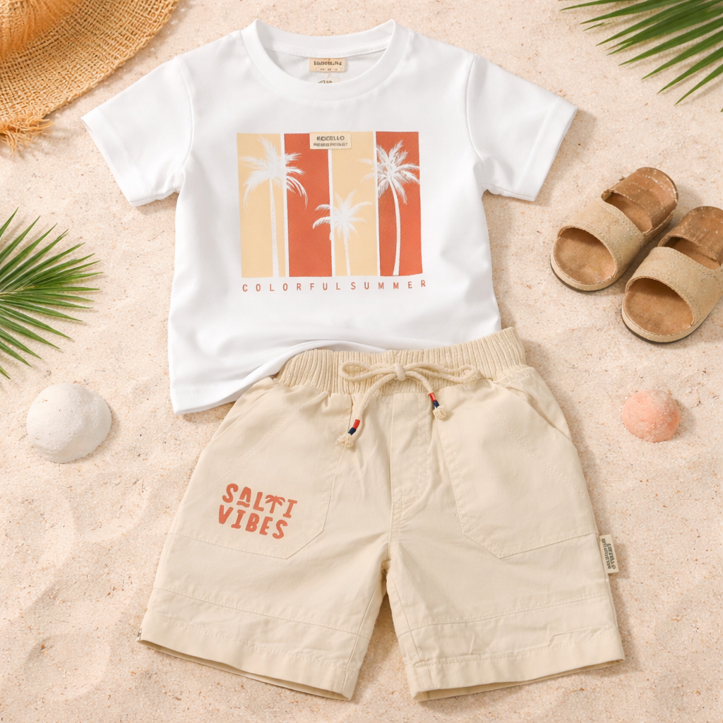 KIDZELLO Baby Boys Rust Summer Outfit Set – Printed Open Shirt, Graphic T-Shirt & Shorts Co-Ord Set | Soft Cotton Comfort Wear |6 Months to 3 Years