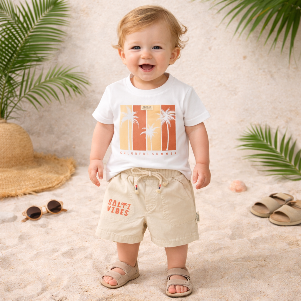 KIDZELLO Baby Boys Rust Summer Outfit Set – Printed Open Shirt, Graphic T-Shirt & Shorts Co-Ord Set | Soft Cotton Comfort Wear |6 Months to 3 Years