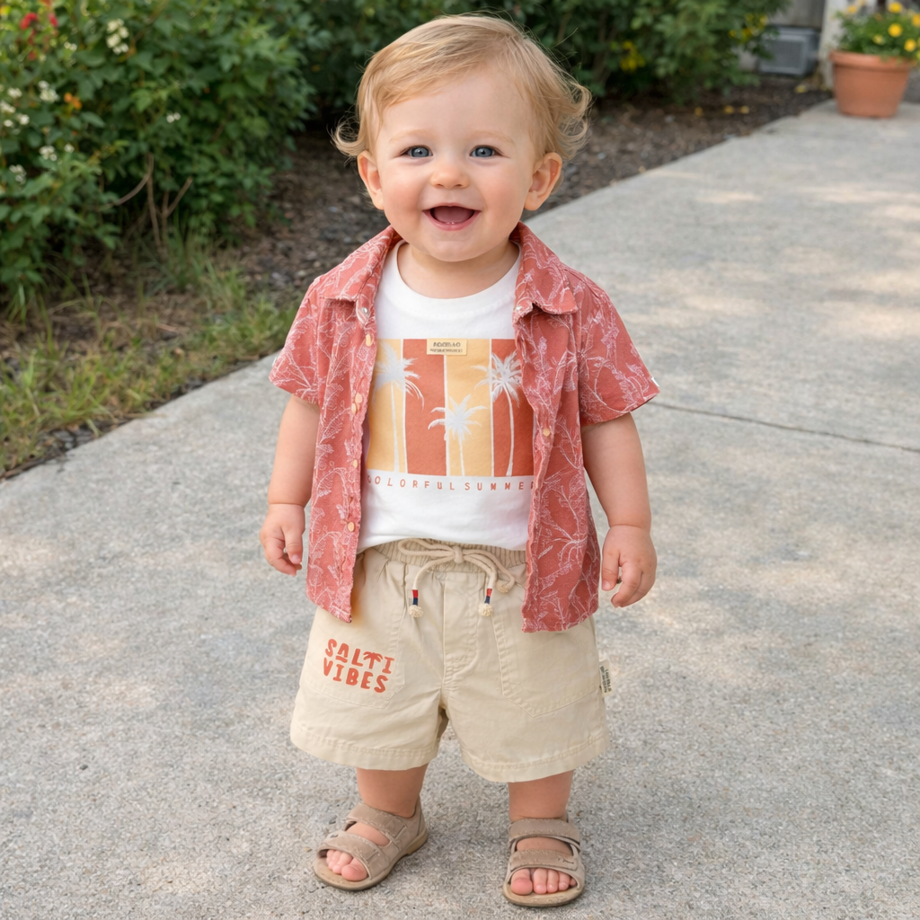 KIDZELLO Baby Boys Rust Summer Outfit Set – Printed Open Shirt, Graphic T-Shirt & Shorts Co-Ord Set | Soft Cotton Comfort Wear |6 Months to 3 Years