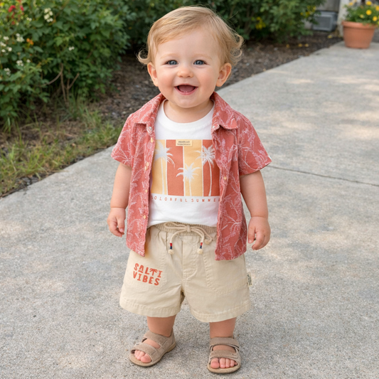 KIDZELLO Baby Boys Rust Summer Outfit Set – Printed Open Shirt, Graphic T-Shirt & Shorts Co-Ord Set | Soft Cotton Comfort Wear |6 Months to 3 Years