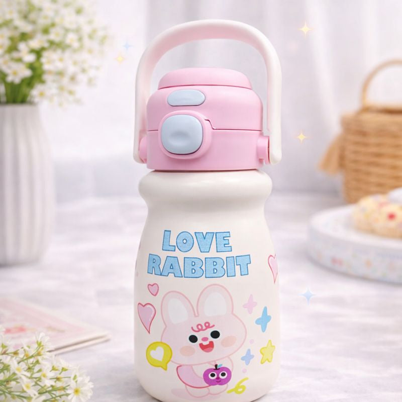SMILE BABY Kids Insulated Water Bottle with Straw & Handle | Stainless Steel, Leakproof Flip Lid | BPA-Free Cartoon Bottle for Kids (Red, White, Pink & Blue) 520ML
