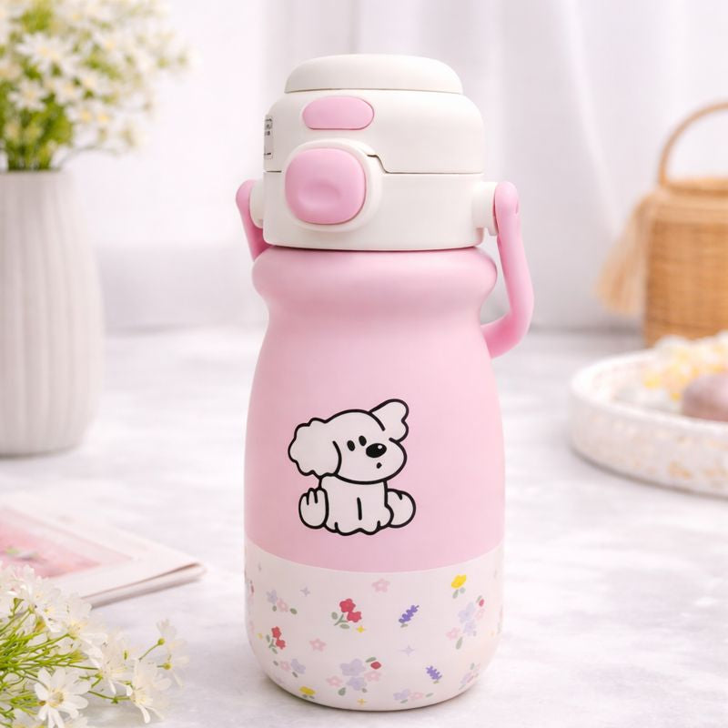 SMILE BABY Kids Insulated Water Bottle with Straw & Handle | Stainless Steel, Leakproof Flip Lid | BPA-Free Cartoon Bottle for Kids (Red, White, Pink & Blue) 520ML
