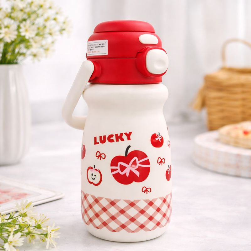 SMILE BABY Kids Insulated Water Bottle with Straw & Handle | Stainless Steel, Leakproof Flip Lid | BPA-Free Cartoon Bottle for Kids (Red, White, Pink & Blue) 520ML