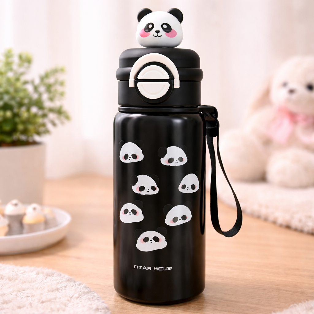 SMILE BABY Cute Panda Xcup Kids Water Bottle – Leakproof Dual-Lid Stainless Steel Bottle (Black)