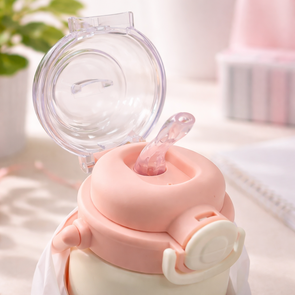 SMILE BABY Kids Insulated Water Bottle with Straw & Flip-Top Lid – Leak-Proof, BPA-Free, Easy Carry Handle, Cute Cartoon Design