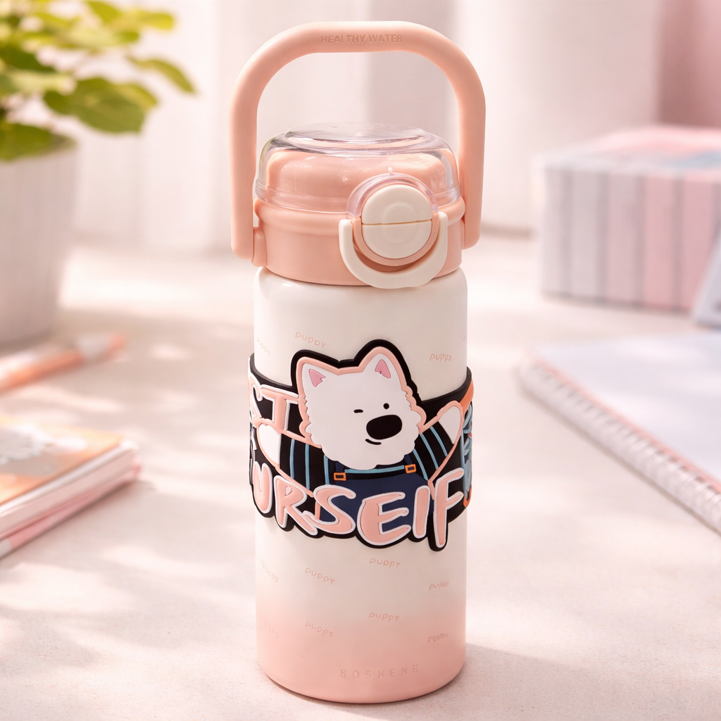 SMILE BABY Kids Insulated Water Bottle with Straw & Flip-Top Lid – Leak-Proof, BPA-Free, Easy Carry Handle, Cute Cartoon Design
