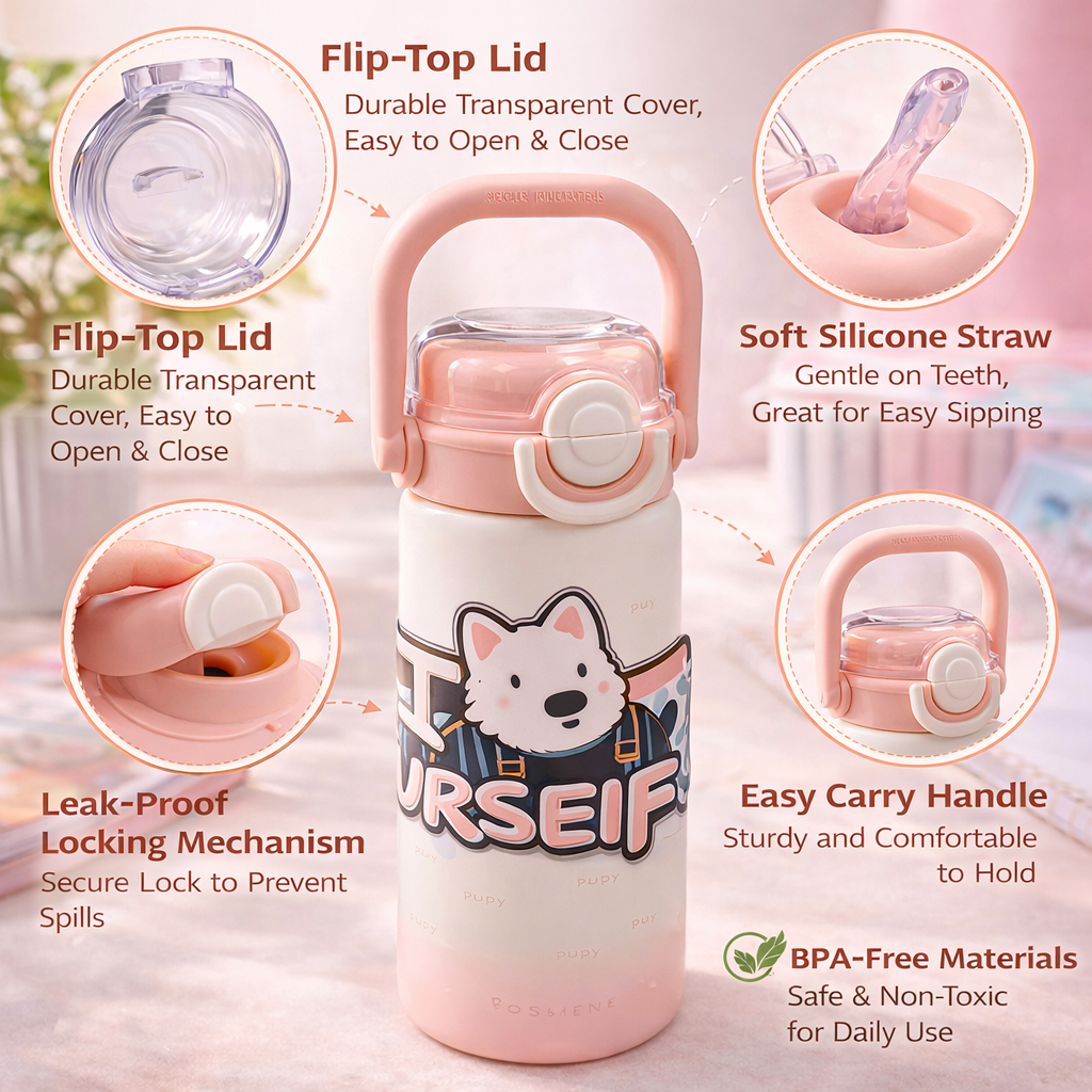 SMILE BABY Kids Insulated Water Bottle with Straw & Flip-Top Lid – Leak-Proof, BPA-Free, Easy Carry Handle, Cute Cartoon Design