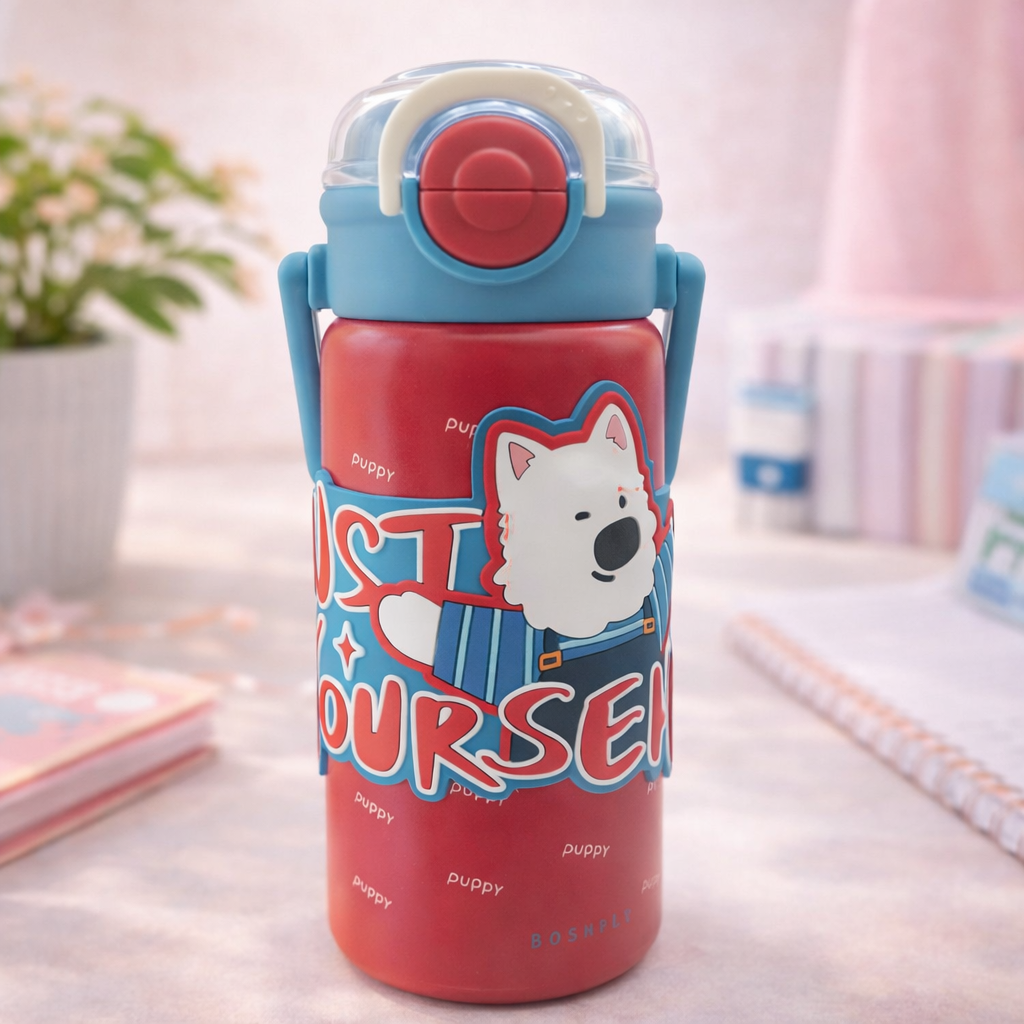 SMILE BABY Kids Insulated Water Bottle with Straw & Flip-Top Lid – Leak-Proof, BPA-Free, Easy Carry Handle, Cute Cartoon Design