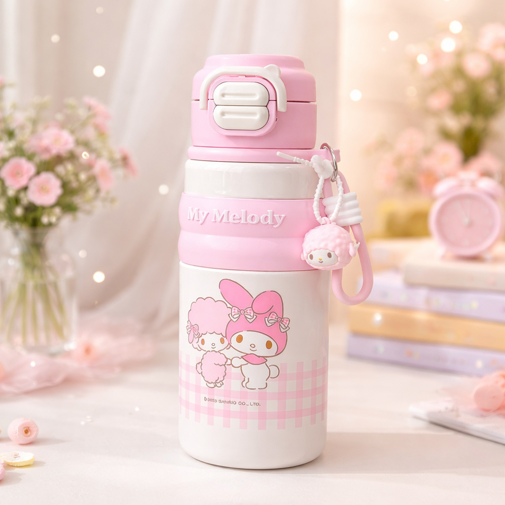 SMILE BABY My Melody Kids Stainless Steel Water Bottle – 500ml | Flip-Top Leak-Proof Lid | Cute Charm | Pink / White / Purple