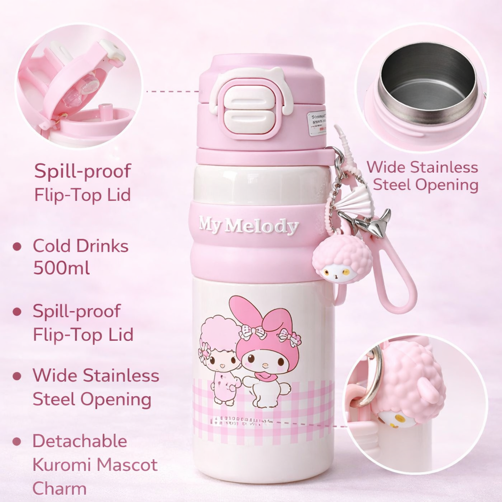 SMILE BABY My Melody Kids Stainless Steel Water Bottle – 500ml | Flip-Top Leak-Proof Lid | Cute Charm | Pink / White / Purple