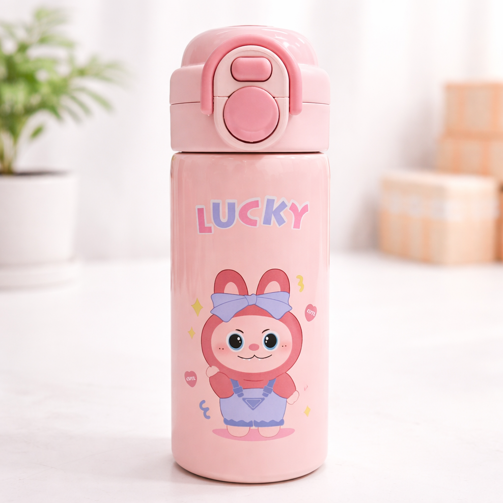 SMILE BABY Kids Insulated Water Bottle with Soft Straw & Flip-Top Lid – 500ML | LUCKY Cartoon Design
