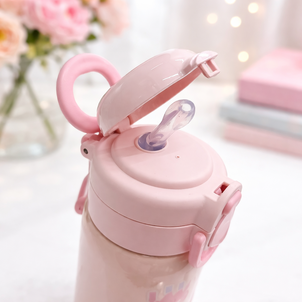 SMILE BABY Kids Insulated Water Bottle with Soft Straw & Flip-Top Lid – 500ML | LUCKY Cartoon Design