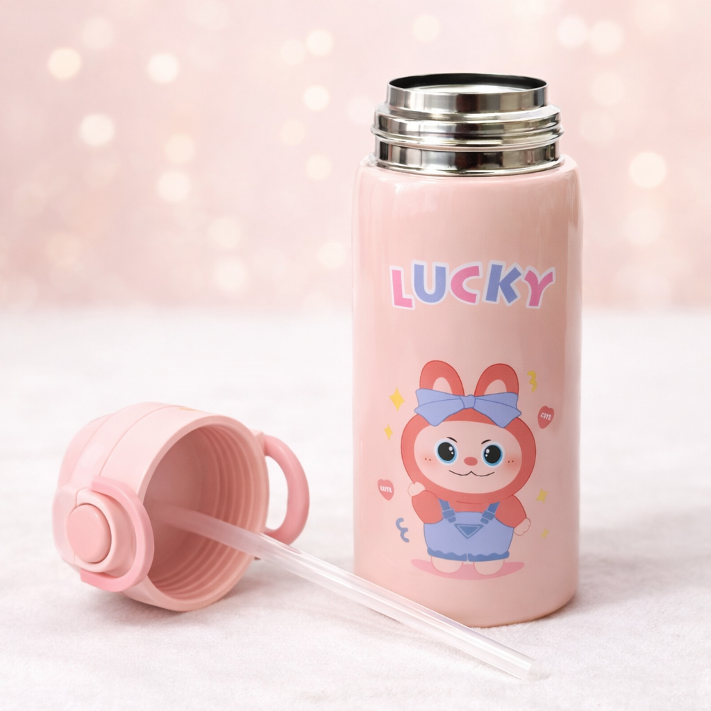 SMILE BABY Kids Insulated Water Bottle with Soft Straw & Flip-Top Lid – 500ML | LUCKY Cartoon Design