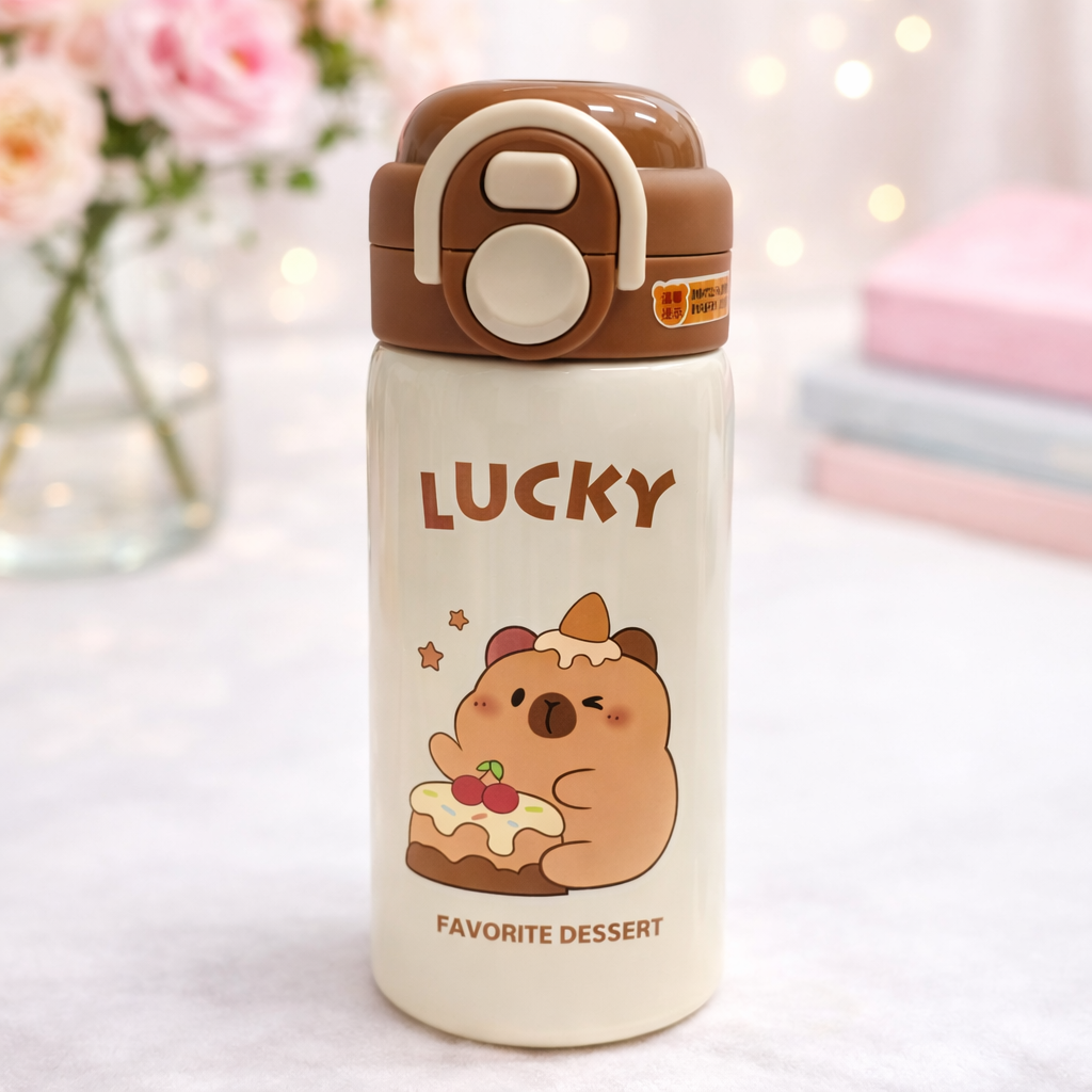 SMILE BABY Kids Insulated Water Bottle with Soft Straw & Flip-Top Lid – 500ML | LUCKY Cartoon Design