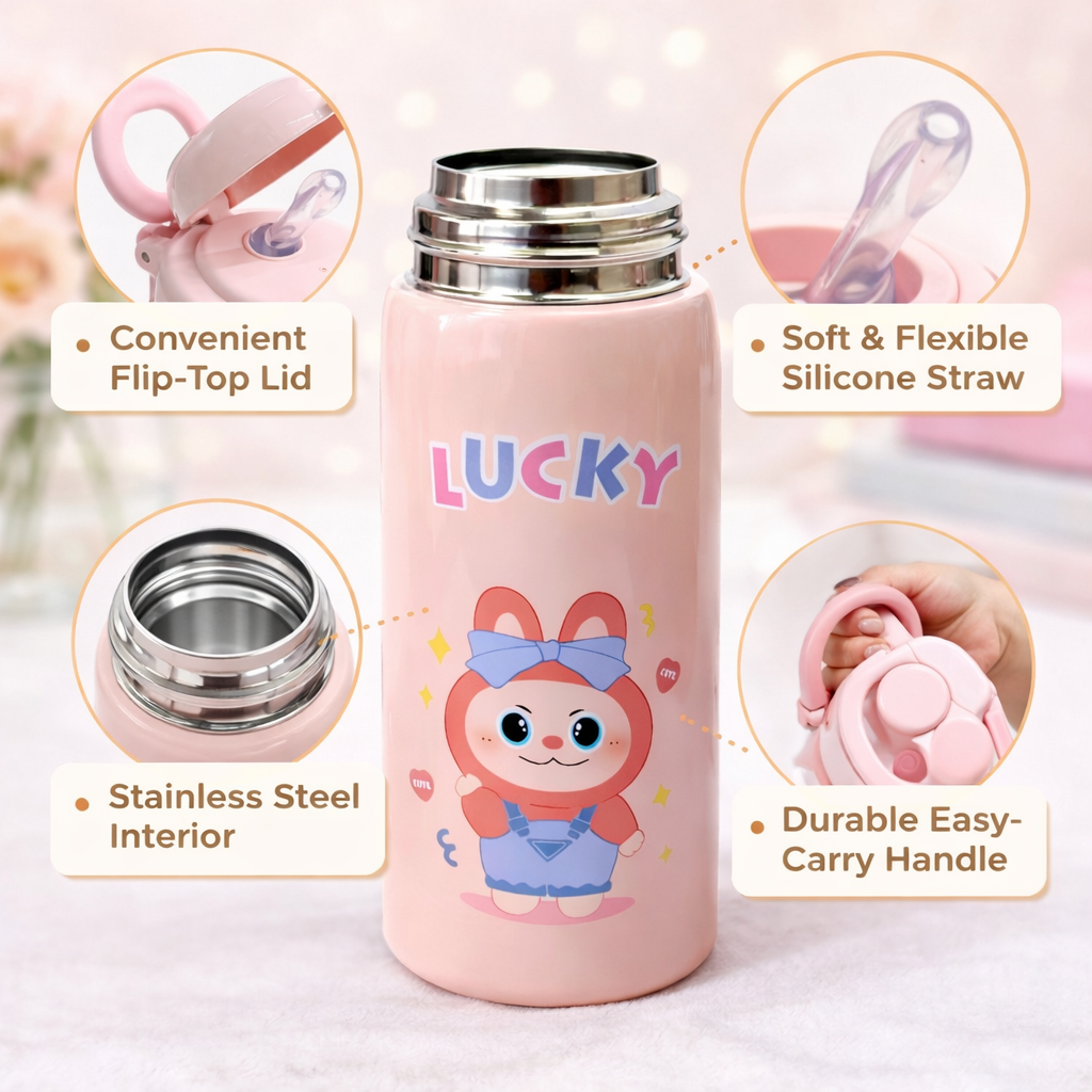 SMILE BABY Kids Insulated Water Bottle with Soft Straw & Flip-Top Lid – 500ML | LUCKY Cartoon Design