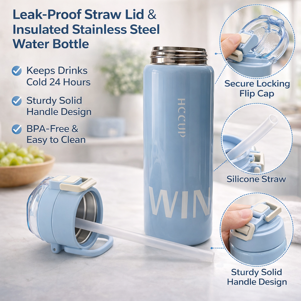 SMILE BABY Leak-Proof Stainless Steel Kids Water Bottle with Straw Lid – 500ml | BPA-Free, Insulated, Flip-Lock Cap