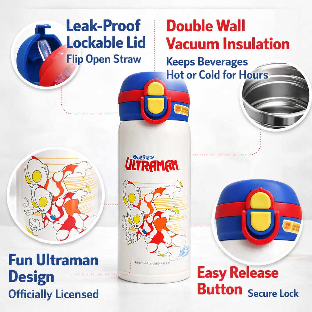 SMILE BABY Ultraman Kids Vacuum Insulated Water Bottle – 480ML | Flip-Open Straw, Leak-Proof Lock Lid | White / Royal Blue
