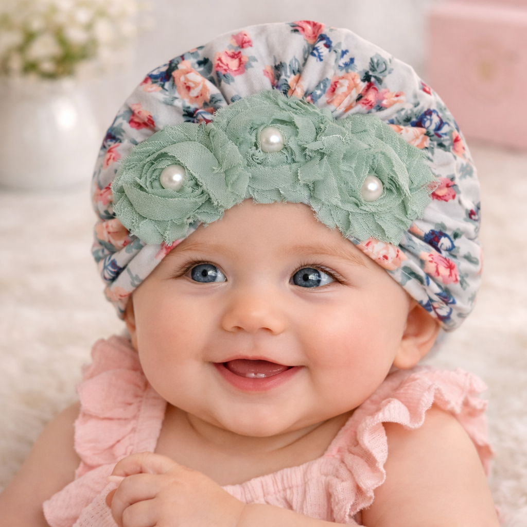 Baby Girl Floral Turban Cap with Pearl Rosette – Soft Stretchy Newborn & Infant Headwrap (0–12 Months)