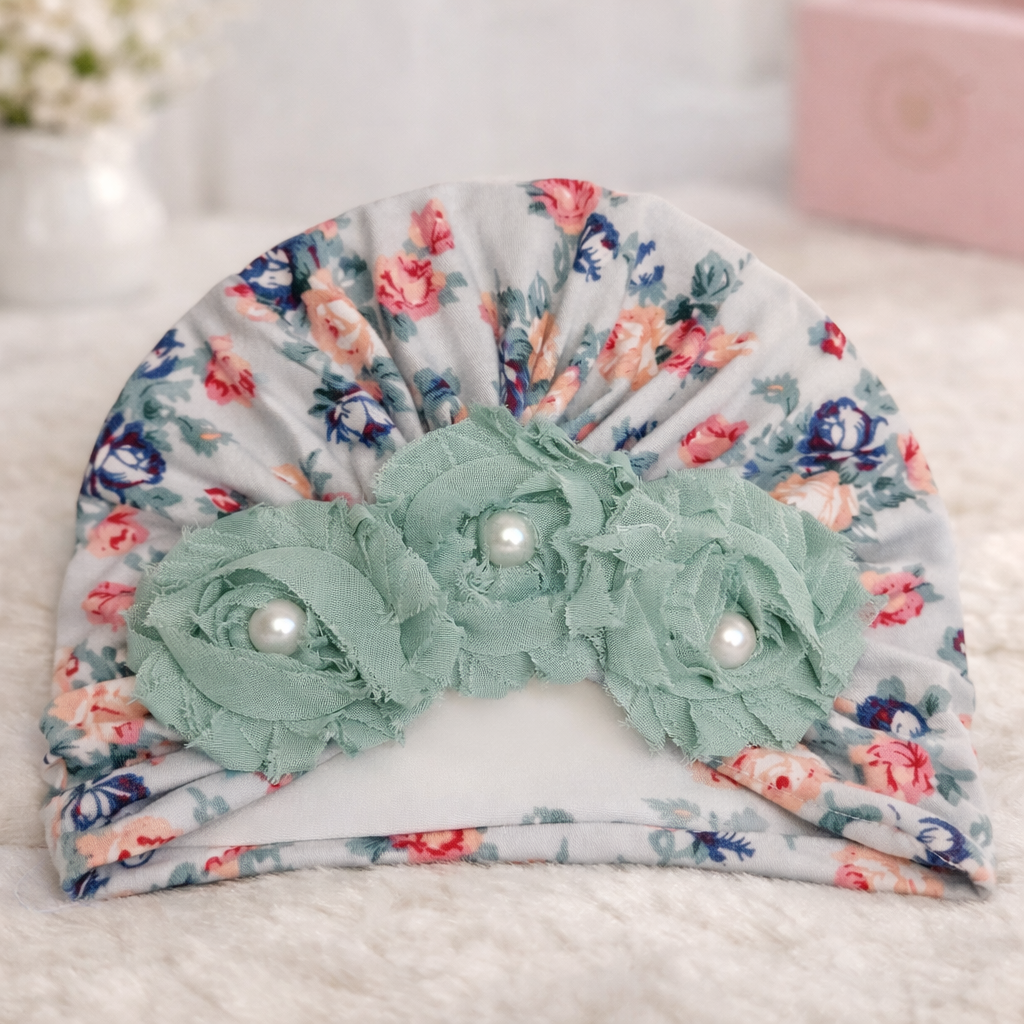 Baby Girl Floral Turban Cap with Pearl Rosette – Soft Stretchy Newborn & Infant Headwrap (0–12 Months)