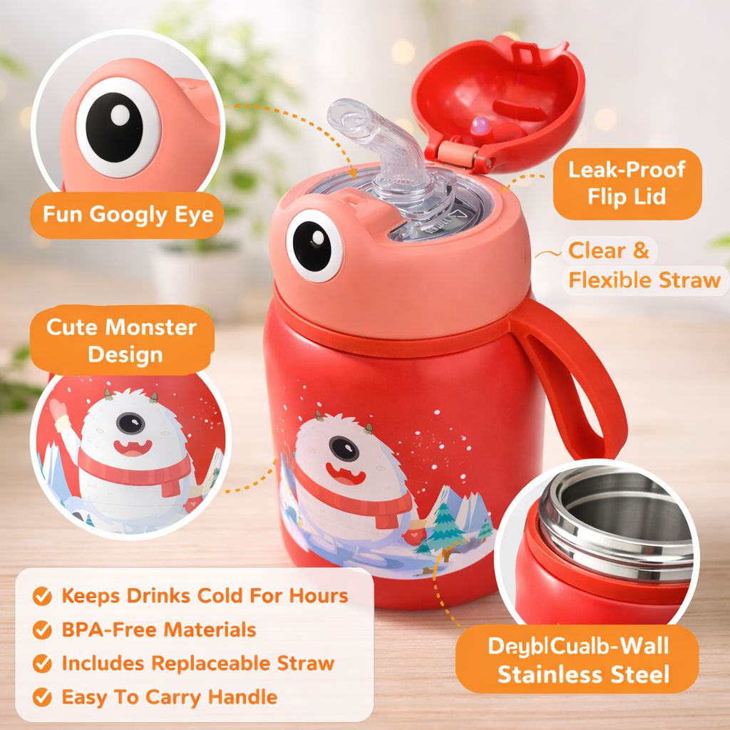 SMILE BABY 500ML Kids Insulated Water Bottle with Straw & Flip Lid – Cute Monster Design | Leak-Proof, BPA-Free (Red, Pink, Navy)