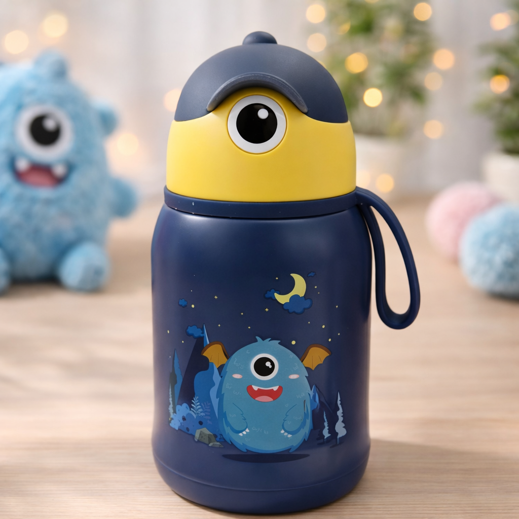 SMILE BABY 500ML Kids Insulated Water Bottle with Straw & Flip Lid – Cute Monster Design | Leak-Proof, BPA-Free (Red, Pink, Navy)