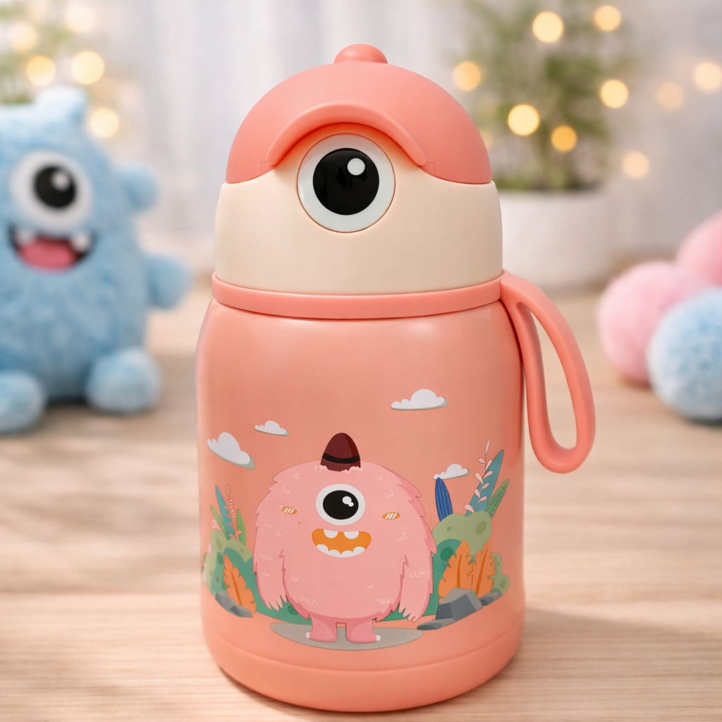 SMILE BABY 500ML Kids Insulated Water Bottle with Straw & Flip Lid – Cute Monster Design | Leak-Proof, BPA-Free (Red, Pink, Navy)