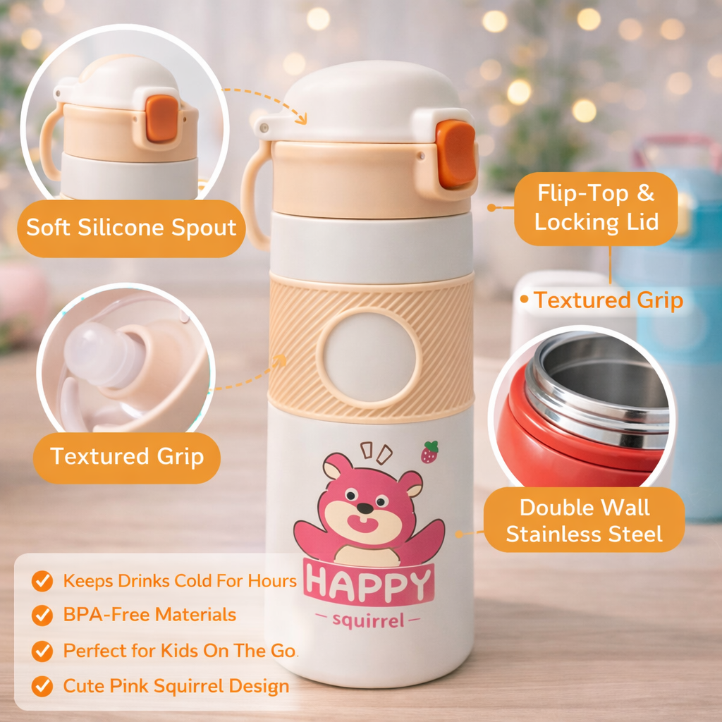 SMILE BABY Kids Insulated Water Bottle with Soft Silicone Spout & Flip-Top Locking Lid – Cute Squirrel Design, BPA-Free, Leak-Proof (500 ml)