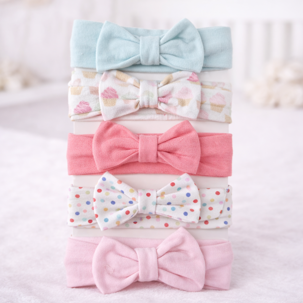 SMILE BABY Baby Girl Soft Stretchy Bow Headbands – Pack of 5 | Comfortable, Gentle & Cute Knot Hair Bands for Newborns & Toddlers