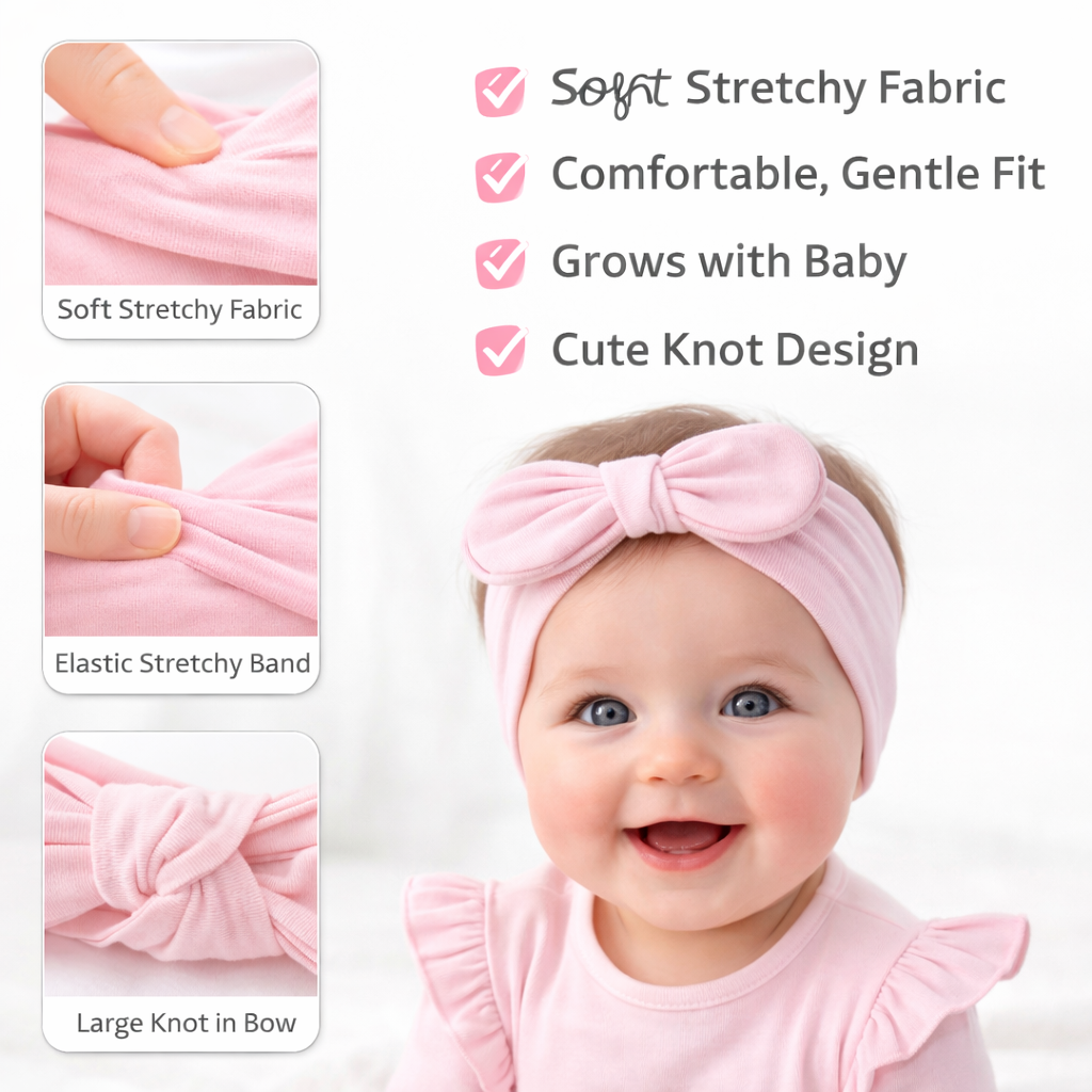 SMILE BABY Baby Girl Soft Stretchy Bow Headbands – Pack of 5 | Comfortable, Gentle & Cute Knot Hair Bands for Newborns & Toddlers