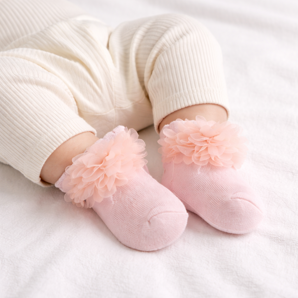 Baby Girl Flower Ankle Socks – Soft Cotton Blend Ruffle Socks for Newborn & Infant (Pack of 3 – White, Peach & Cream)