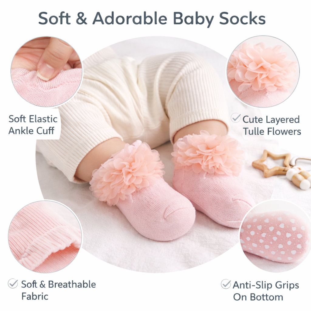 Baby Girl Flower Ankle Socks – Soft Cotton Blend Ruffle Socks for Newborn & Infant (Pack of 3 – White, Peach & Cream)