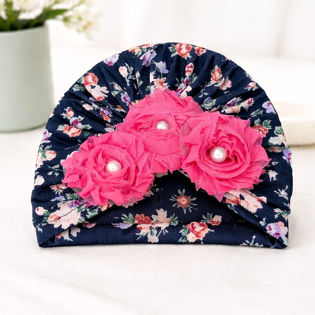 SMILE BABY Floral Baby Turban Headband with 3 Fabric Roses & Pearl Centers – Soft Lightweight Newborn & Infant Headwear (Pink / Blue)