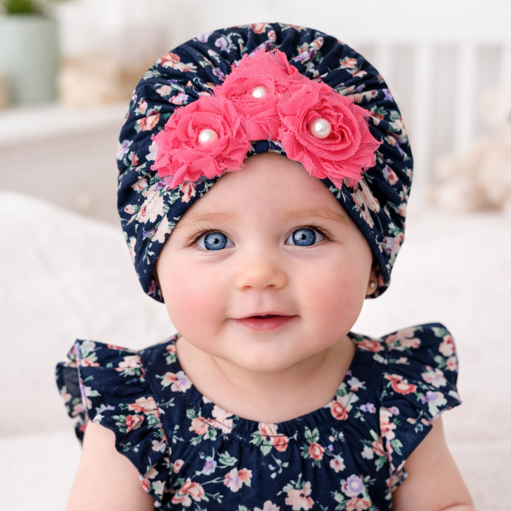 SMILE BABY Floral Baby Turban Headband with 3 Fabric Roses & Pearl Centers – Soft Lightweight Newborn & Infant Headwear (Pink / Blue)