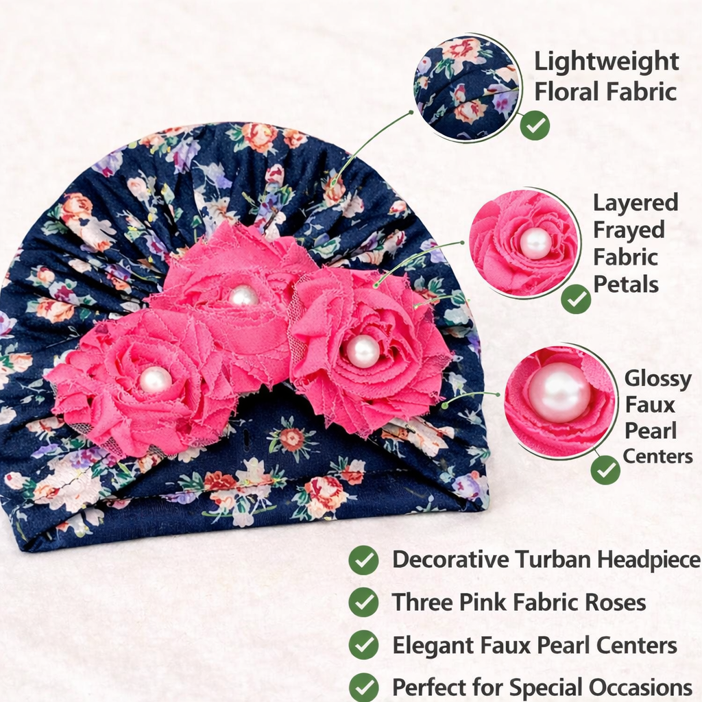 SMILE BABY Floral Baby Turban Headband with 3 Fabric Roses & Pearl Centers – Soft Lightweight Newborn & Infant Headwear (Pink / Blue)