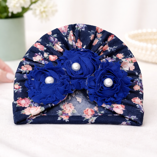 SMILE BABY Floral Baby Turban Headband with 3 Fabric Roses & Pearl Centers – Soft Lightweight Newborn & Infant Headwear (Pink / Blue)