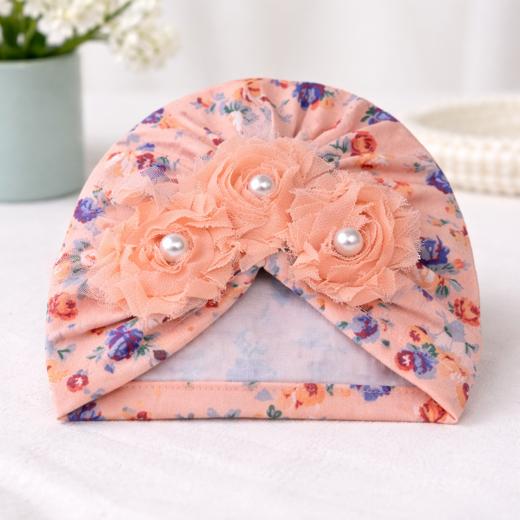 SMILE BABY Floral Baby Turban Headband with 3 Fabric Roses & Pearl Centers – Soft Lightweight Infant Headwear (Pink / Peach)