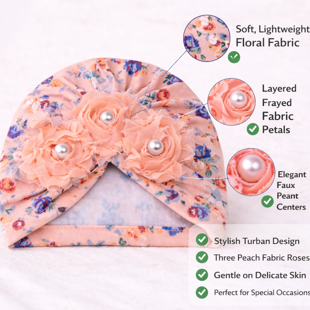 SMILE BABY Floral Baby Turban Headband with 3 Fabric Roses & Pearl Centers – Soft Lightweight Infant Headwear (Pink / Peach)