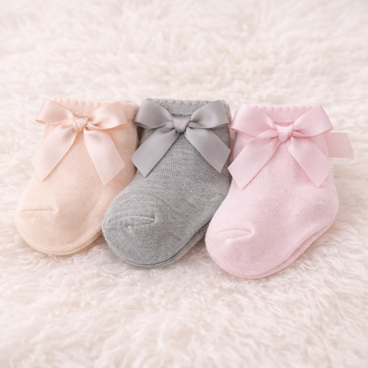 SMILE BABY Baby Girls Soft Knit Socks with Satin Bow – – Pack of 3 Pair Set (Peach, Grey & Pink) | Gentle Elastic Cuff for Newborn & Infant