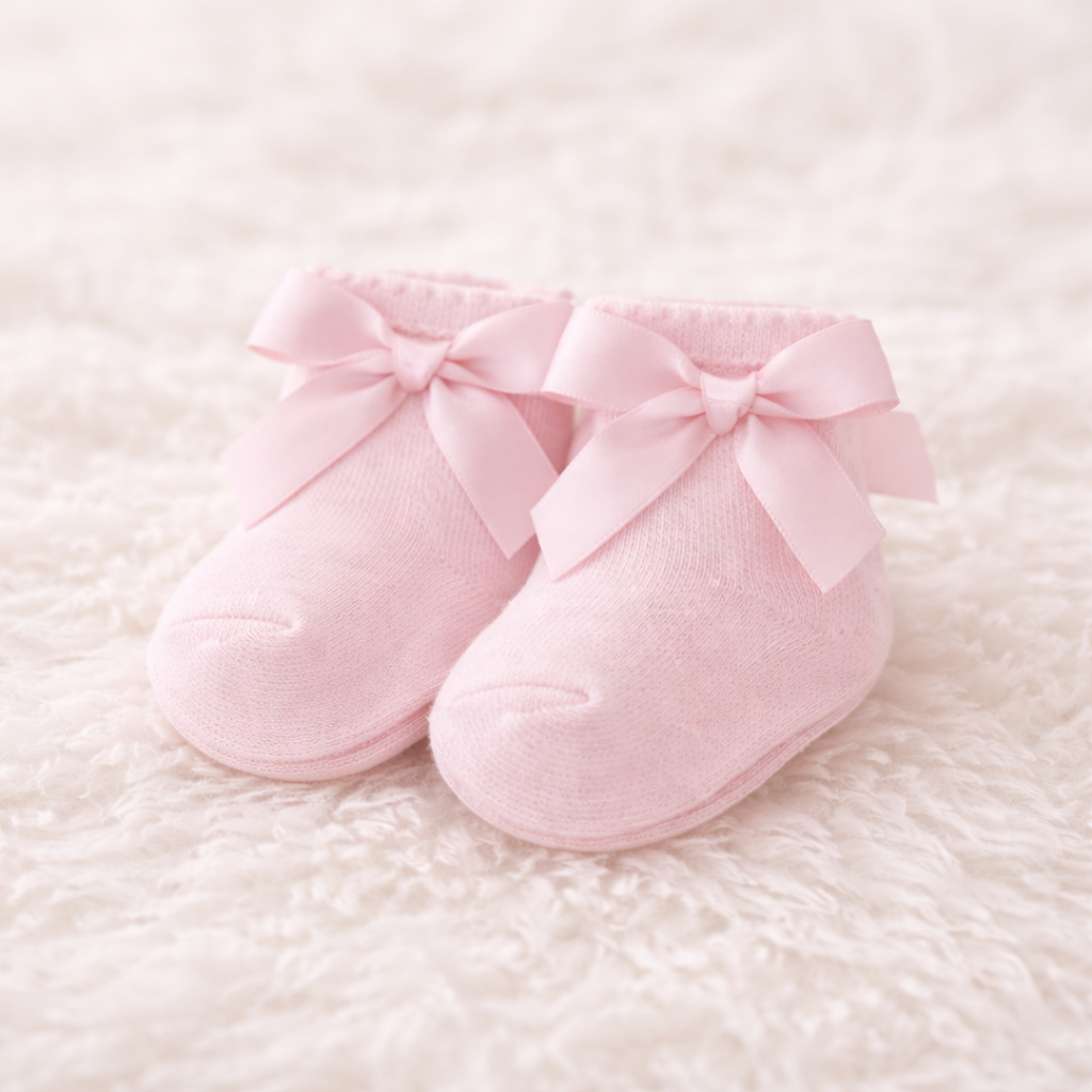 SMILE BABY Baby Girls Soft Knit Socks with Satin Bow – – Pack of 3 Pair Set (Peach, Grey & Pink) | Gentle Elastic Cuff for Newborn & Infant