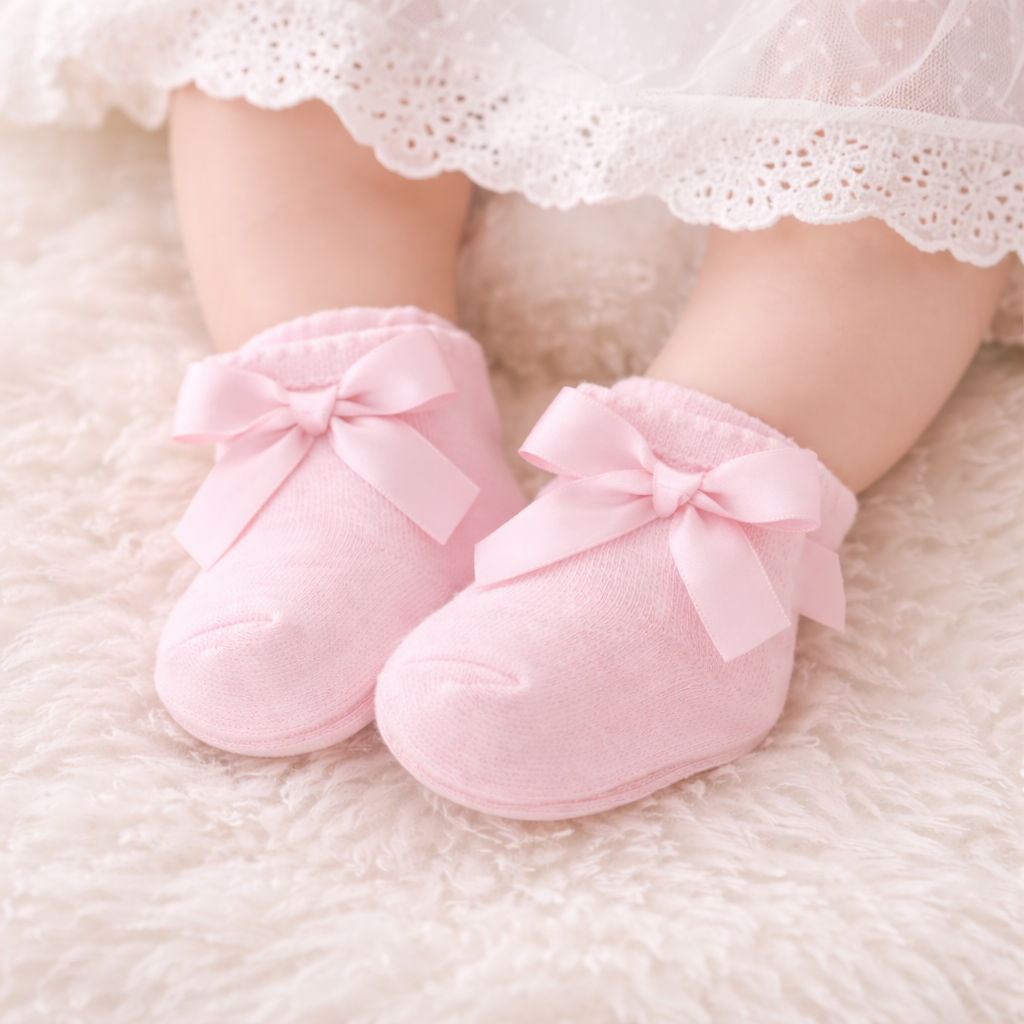 SMILE BABY Baby Girls Soft Knit Socks with Satin Bow – – Pack of 3 Pair Set (Peach, Grey & Pink) | Gentle Elastic Cuff for Newborn & Infant